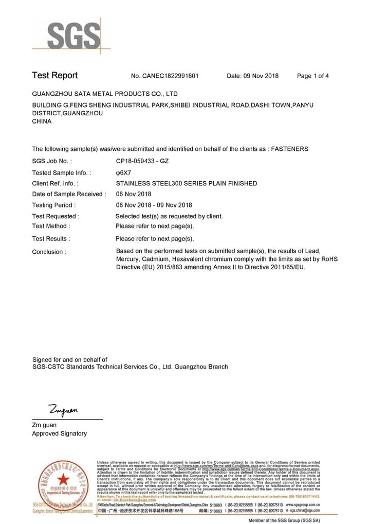Guangzhou Sata Metalware Co., Ltd. SGS Report Guangzhou Sata Metalware Co., Ltd. SGS Report