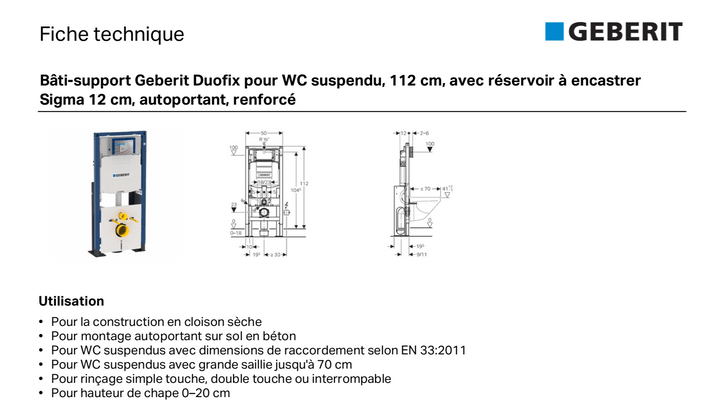 Batisupport Geberit Autoportant - Fiche technique Batisupport Geberit Autoportant - Fiche technique