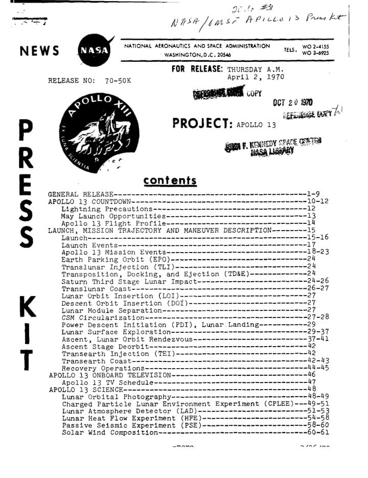 Apollo 13 Press kit Apollo 13 Press kit