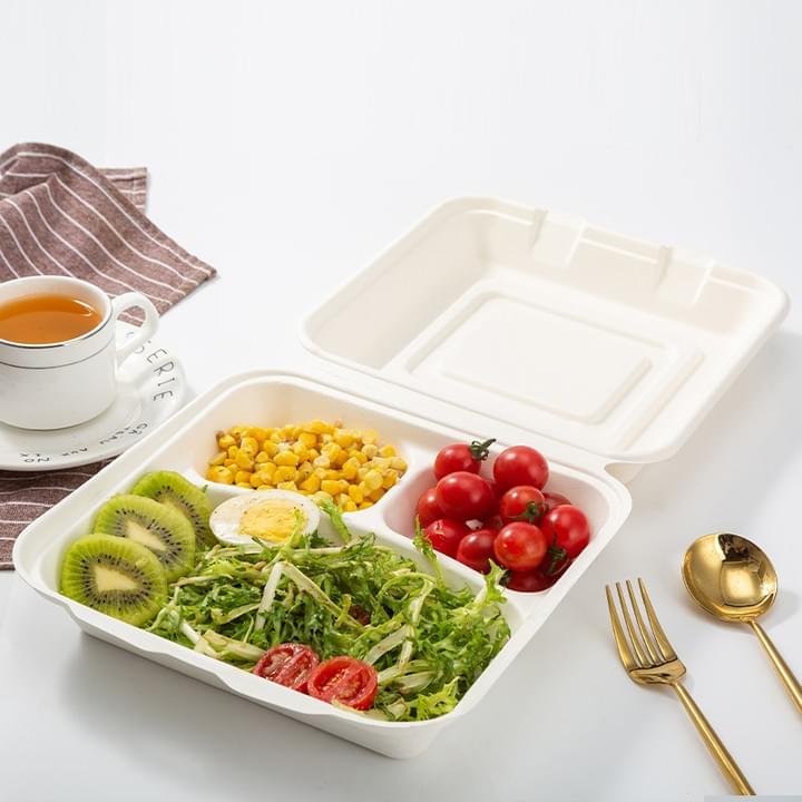 Biodegradable Compostable Sugarcane Bagasse Pulp Disposable Rectangle 3-Compartment Food Clamshells takeaway boxes with Hinged Lid Biodegradable Compostable Sugarcane Bagasse Pulp Disposable Rectangle 3-Compartment Food Clamshells takeaway boxes with Hinged Lid