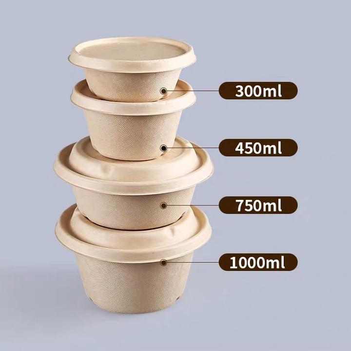 Biodegradable Compostable Unbleached Sugarcane Bagasse Pulp Disposable Round Bowls and Lids Biodegradable Compostable Unbleached Sugarcane Bagasse Pulp Disposable Round Bowls and Lids