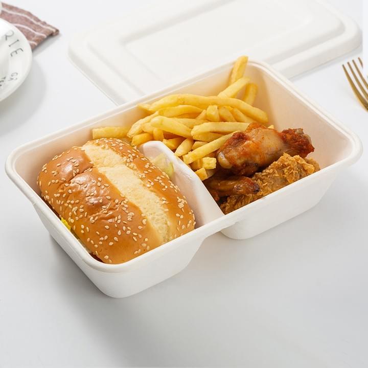 Biodegradable Compostable Sugarcane Bagasse Pulp Disposable 2-Compartment Food Take Out Containers Trays with Lids Biodegradable Compostable Sugarcane Bagasse Pulp Disposable 2-Compartment Food Take Out Containers Trays with Lids