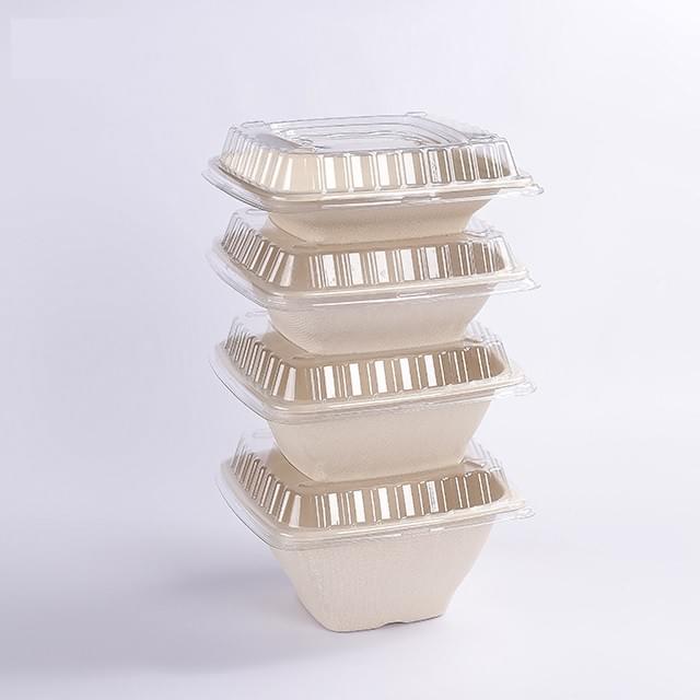 Biodegradable Compostable Unbleached Natural Plant Fiber Pulp Disposable Take-Out Trays with Clear Lids Biodegradable Compostable Unbleached Natural Plant Fiber Pulp Disposable Take-Out Trays with Clear Lids