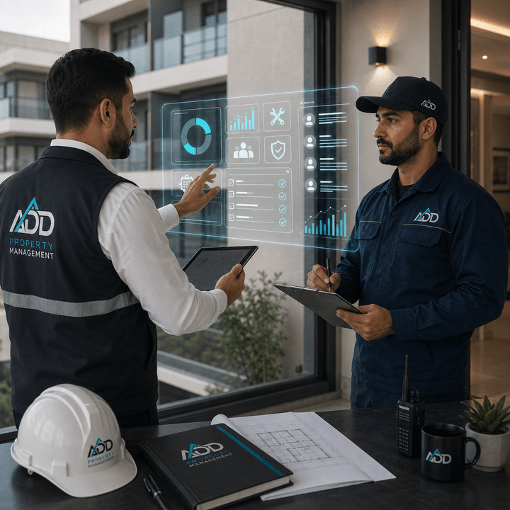 مشهد واقعي احترافي يعرض إدارة ذكية للعقار، حيث ينسّق موظف من شركة ADD Property Management مع فني داخل عقار سكني باستخدام واجهة رقمية تفاعلية توحي بالذكاء الاصطناعي لمتابعة الأعمال والخدمات. مشهد واقعي احترافي يعرض إدارة ذكية للعقار، حيث ينسّق موظف من شركة ADD Property Management مع فني داخل عقار سكني باستخدام واجهة رقمية تفاعلية توحي بالذكاء الاصطناعي لمتابعة الأعمال والخدمات.