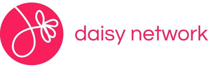 Dark pink logo on a white background. Pink circle with white, a line drawing of a flower with four petals and a curly stem. Text says Daisy Network Dark pink logo on a white background. Pink circle with white, a line drawing of a flower with four petals and a curly stem. Text says Daisy Network