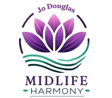 Purple and green logo on a white background. A vector image of a purple lotus flower with wavy green lines underneath. Text placed at the top says Jo Douglas. Text at the base says Midlife Harmony Purple and green logo on a white background. A vector image of a purple lotus flower with wavy green lines underneath. Text placed at the top says Jo Douglas. Text at the base says Midlife Harmony