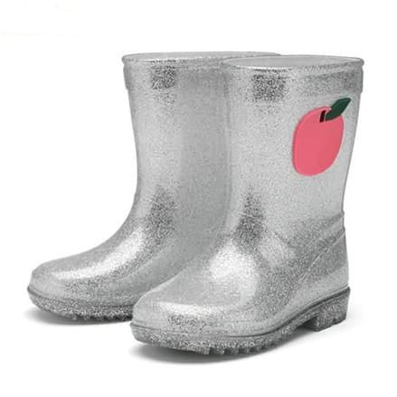 wholesale kids rain boots silver glittler with apple PVC girls wellies manufactured by AbsoluteWelly wholesale kids rain boots silver glittler with apple PVC girls wellies manufactured by AbsoluteWelly