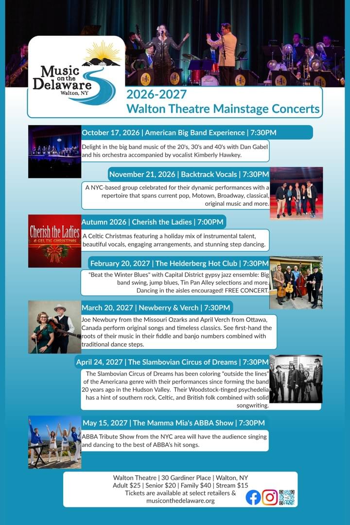 A concert schedule flyer for Walton Theatre Mainstage Concerts during 2026-2027, listing seven events with dates, times, and brief descriptions of each performance. The flyer features a header with a band photo, event details in blue and red text boxes, and ticket information at the bottom, highlighting diverse music genres and free admission for the February 20 event. A concert schedule flyer for Walton Theatre Mainstage Concerts during 2026-2027, listing seven events with dates, times, and brief descriptions of each performance. The flyer features a header with a band photo, event details in blue and red text boxes, and ticket information at the bottom, highlighting diverse music genres and free admission for the February 20 event.
