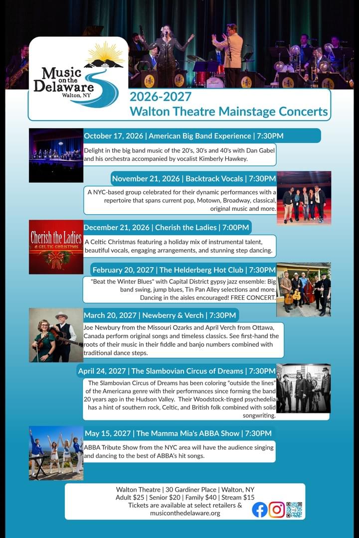 A concert schedule flyer for Walton Theatre Mainstage Concerts during 2026-2027, listing seven events with dates, times, and brief descriptions of each performance. The flyer features a header with a band photo, event details in blue and red text boxes, and ticket information at the bottom, highlighting diverse music genres and free admission for the February 20 event. A concert schedule flyer for Walton Theatre Mainstage Concerts during 2026-2027, listing seven events with dates, times, and brief descriptions of each performance. The flyer features a header with a band photo, event details in blue and red text boxes, and ticket information at the bottom, highlighting diverse music genres and free admission for the February 20 event.