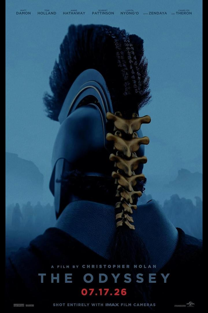 A movie poster for Christopher Nolan's film "The Odyssey" features a close-up of a helmet with a spine-like structure integrated into its crest, set against a misty blue background with silhouettes of figures. The poster includes cast names at the top, film title in bold letters, and release date "07.17.26" in red, emphasizing a futuristic or mythological theme. A movie poster for Christopher Nolan's film "The Odyssey" features a close-up of a helmet with a spine-like structure integrated into its crest, set against a misty blue background with silhouettes of figures. The poster includes cast names at the top, film title in bold letters, and release date "07.17.26" in red, emphasizing a futuristic or mythological theme.