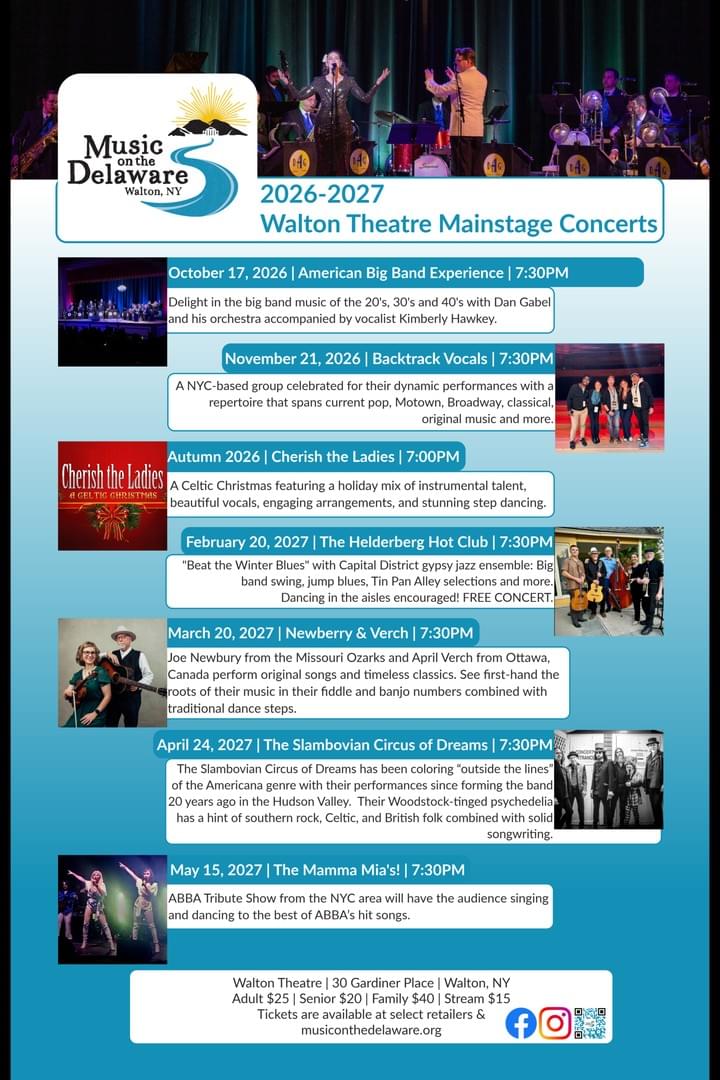A concert schedule flyer for Walton Theatre Mainstage Concerts during 2026-2027, listing seven events with dates, times, and brief descriptions of each performance. The flyer features a header with a band photo, event details in blue and red text boxes, and ticket information at the bottom, highlighting diverse music genres and free admission for the February 20 event. A concert schedule flyer for Walton Theatre Mainstage Concerts during 2026-2027, listing seven events with dates, times, and brief descriptions of each performance. The flyer features a header with a band photo, event details in blue and red text boxes, and ticket information at the bottom, highlighting diverse music genres and free admission for the February 20 event.