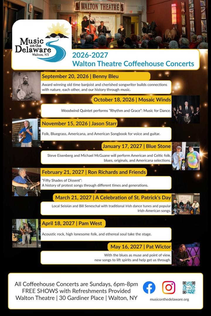 Flyer for 2026-2027 Walton Theatre Coffeehouse Concerts listing dates, performers, and music genres such as folk, bluegrass, Americana, and Celtic. Features photos of past concerts, event details including free shows Sundays 6pm-8pm at Walton Theatre, and a QR code for more information. Flyer for 2026-2027 Walton Theatre Coffeehouse Concerts listing dates, performers, and music genres such as folk, bluegrass, Americana, and Celtic. Features photos of past concerts, event details including free shows Sundays 6pm-8pm at Walton Theatre, and a QR code for more information.