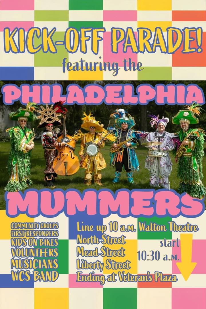 Poster promoting Kick-Off Parade featuring Philadelphia Mummers. It highlights parade details including lineup at 10 a.m. on Walton Theatre, route through North, Mead, Liberty Streets, and ending at Veteran's Plaza, with colorful costumes and event roles listed. Poster promoting Kick-Off Parade featuring Philadelphia Mummers. It highlights parade details including lineup at 10 a.m. on Walton Theatre, route through North, Mead, Liberty Streets, and ending at Veteran's Plaza, with colorful costumes and event roles listed.