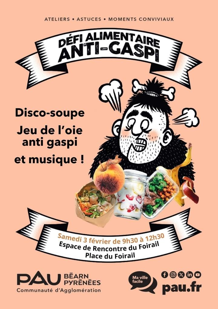 📌Samedi 3 février, les Petites Cantines Pau animeront la Disco Soupe du défi Anti-Gaspi ! 🧑🍳 N'hésitez-pas à nous rejoindre, pour laver, découper, éplucher, mixer... ou seulement goûter la soupe et papoter ! 👩🍳 Pour nous trouver, laissez-vous guider par les odeurs de soupe et les notes de musique 🎼 👉 RDV Place du Foirail à Pau entre 9h30 et 12h30. 📌Samedi 3 février, les Petites Cantines Pau animeront la Disco Soupe du défi Anti-Gaspi ! 🧑🍳 N'hésitez-pas à nous rejoindre, pour laver, découper, éplucher, mixer... ou seulement goûter la soupe et papoter ! 👩🍳 Pour nous trouver, laissez-vous guider par les odeurs de soupe et les notes de musique 🎼 👉 RDV Place du Foirail à Pau entre 9h30 et 12h30.