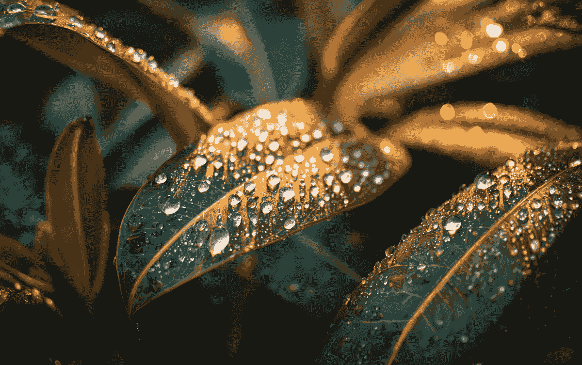 Tropical leaves with water droplets used in nature-based rituals Tropical leaves with water droplets used in nature-based rituals