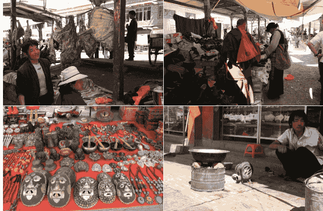 古くからあるというシガツェのバザールを訪ねた.枝肉や大きな丸ごとの乾燥肉が並べられているあたりがバザールらしい.また仏具が並び,お坊さんがショッピングに現れるのもシガツェのバザールならではのことであろう.通りを挟んで向かい側には金属製品の加工店が並んでいた.若者が強力シロッコファンで風を送り,石油管七輪で低融点金属(多分)を融解していた. 古くからあるというシガツェのバザールを訪ねた.枝肉や大きな丸ごとの乾燥肉が並べられているあたりがバザールらしい.また仏具が並び,お坊さんがショッピングに現れるのもシガツェのバザールならではのことであろう.通りを挟んで向かい側には金属製品の加工店が並んでいた.若者が強力シロッコファンで風を送り,石油管七輪で低融点金属(多分)を融解していた.