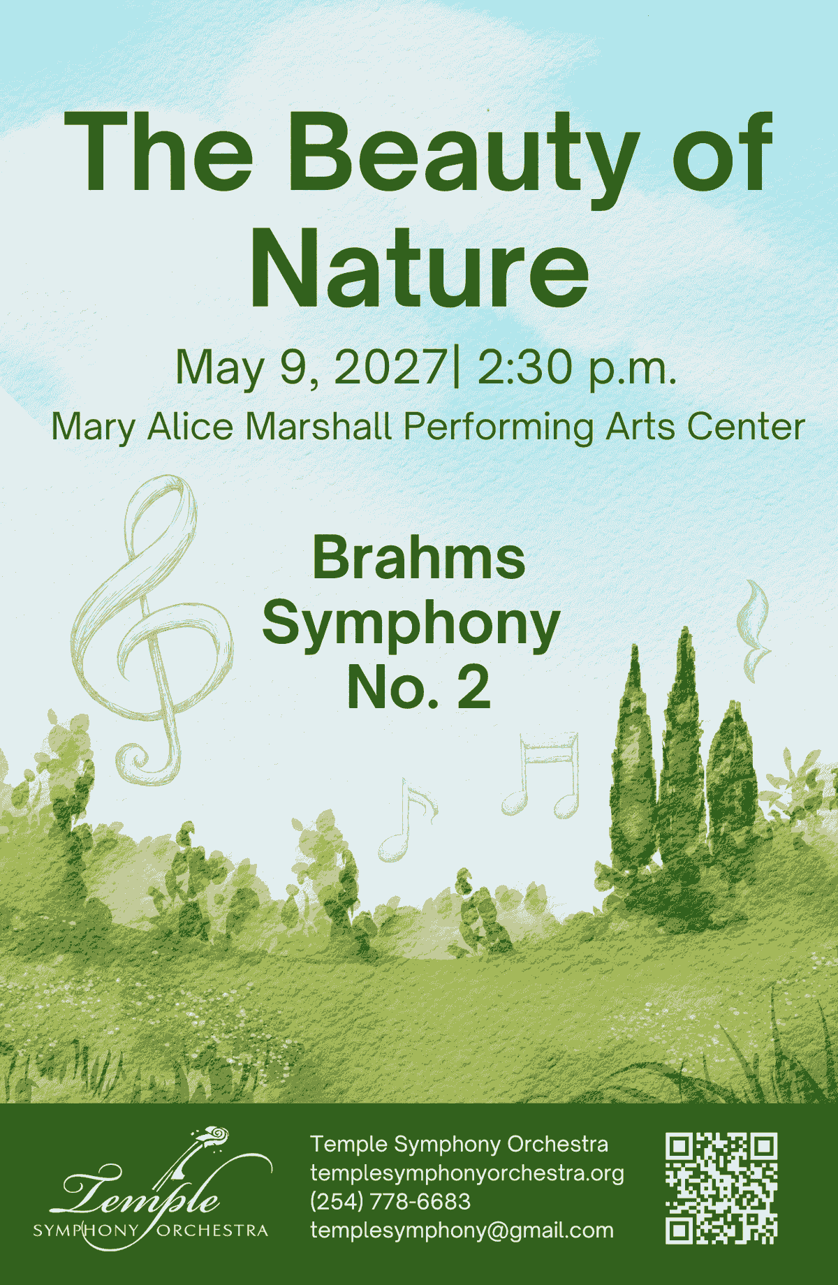 Temple Symphony Orchestra May 9, 2027 The Beauty of Nature concert poster with a watercolor pastoral landscape and sketch floating musical notes Temple Symphony Orchestra May 9, 2027 The Beauty of Nature concert poster with a watercolor pastoral landscape and sketch floating musical notes