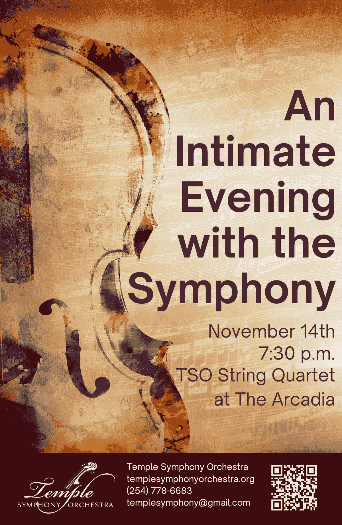 Temple Symphony Orchestra Nov. 14th- An Intimate Evening with the Symphony poster with a colorful string instrument photo Temple Symphony Orchestra Nov. 14th- An Intimate Evening with the Symphony poster with a colorful string instrument photo
