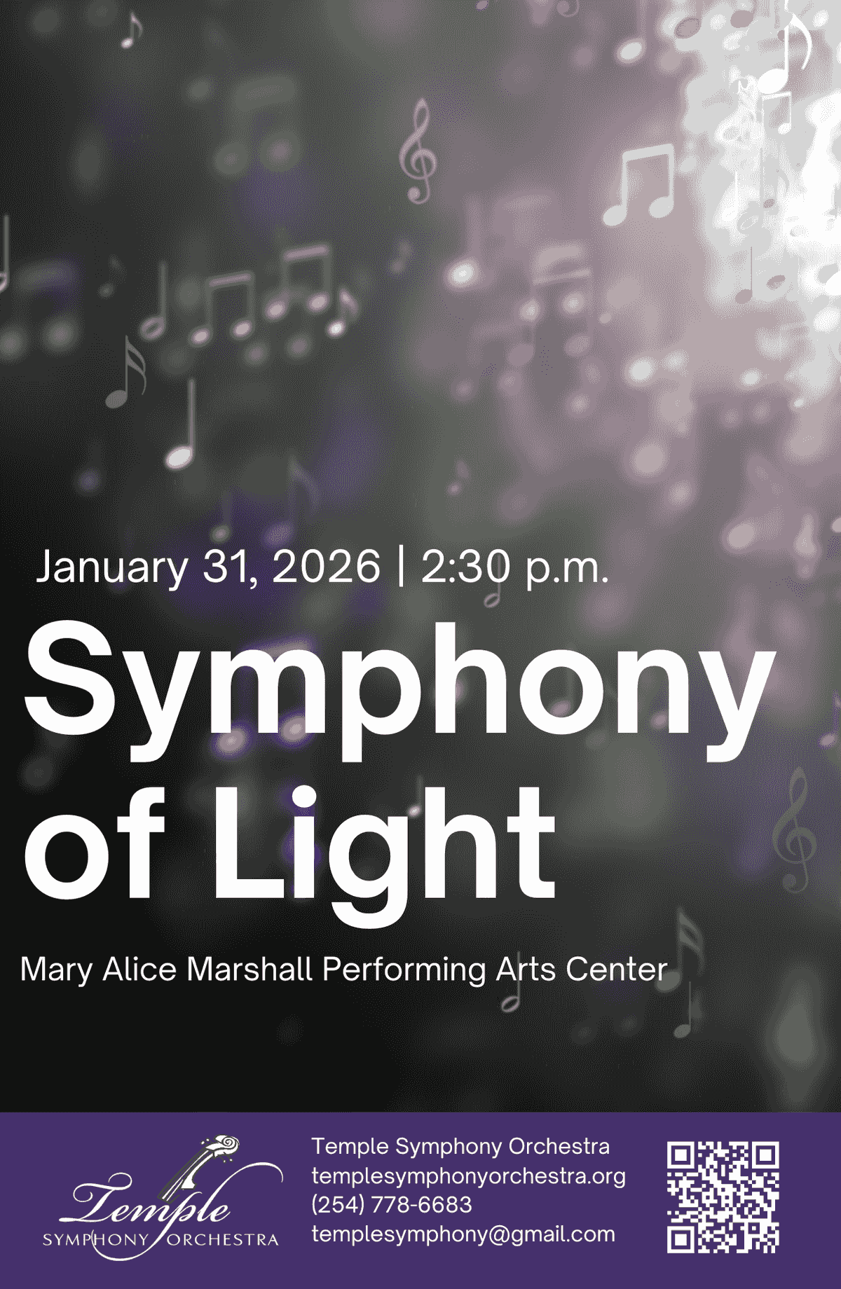 Temple Symphony Orchestra Jan. 31, 2027 Symphony of Light concert poster with floating colorful musical notes Temple Symphony Orchestra Jan. 31, 2027 Symphony of Light concert poster with floating colorful musical notes