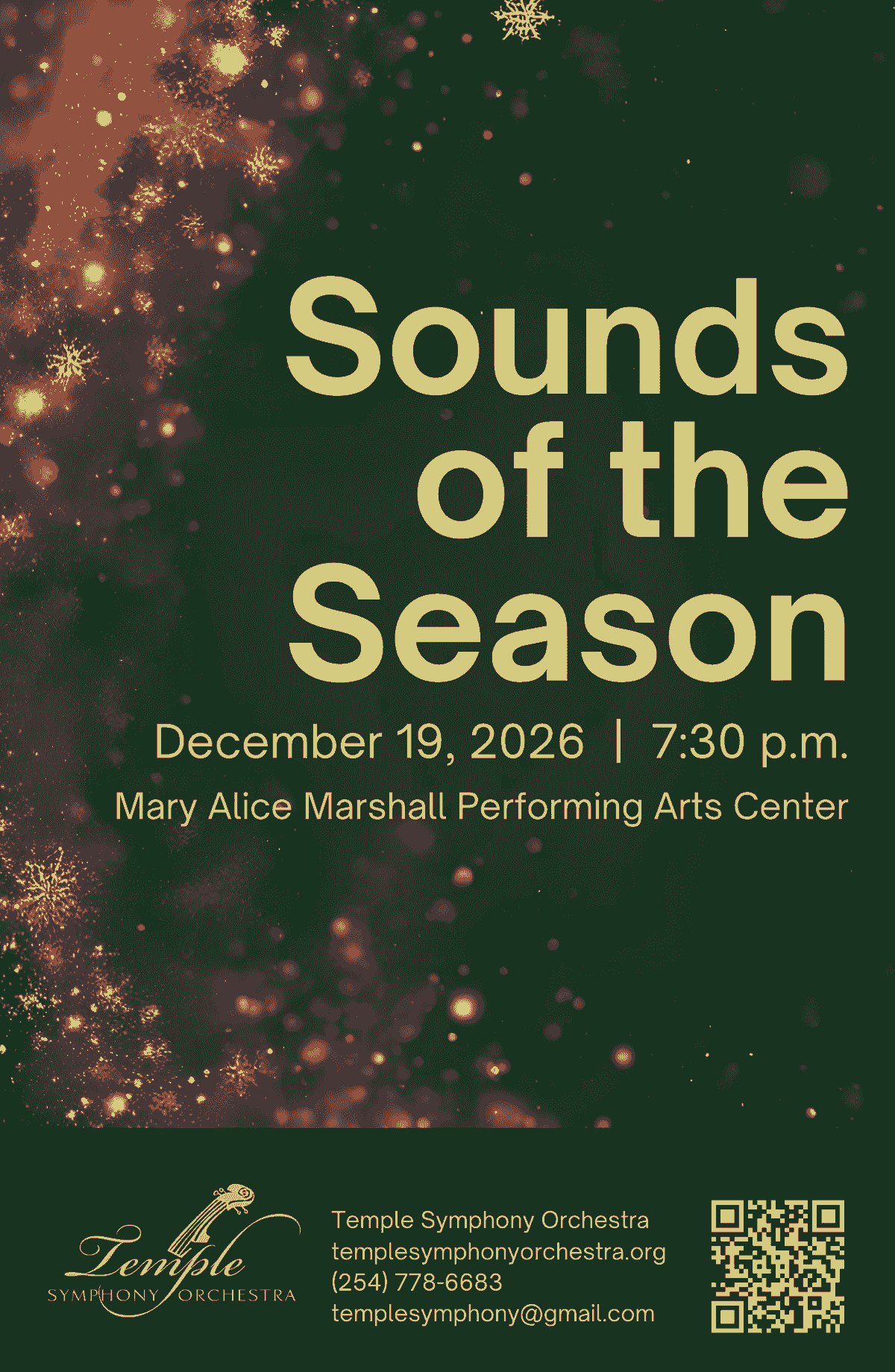 Temple Symphony Orchestra Dec 19th Sounds of the Season holiday concert poster Temple Symphony Orchestra Dec 19th Sounds of the Season holiday concert poster