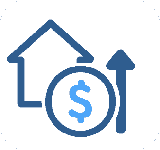 費用や資産価値を表すアイコン。家のシンボルとコイン、上向きの矢印が描かれている。 費用や資産価値を表すアイコン。家のシンボルとコイン、上向きの矢印が描かれている。