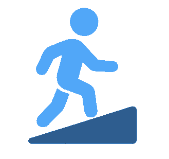 段差やスロープを上って移動する人物のピクトグラム。施設内外の高低差を示している。 段差やスロープを上って移動する人物のピクトグラム。施設内外の高低差を示している。