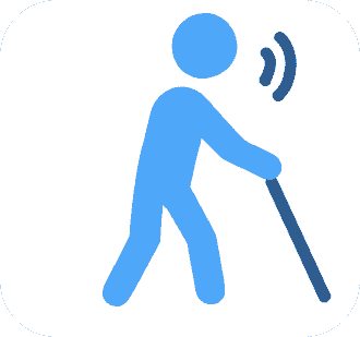 白杖を使って歩行している視覚障害者を表すピクトグラム。音や情報を頼りに移動する様子を示している。 白杖を使って歩行している視覚障害者を表すピクトグラム。音や情報を頼りに移動する様子を示している。