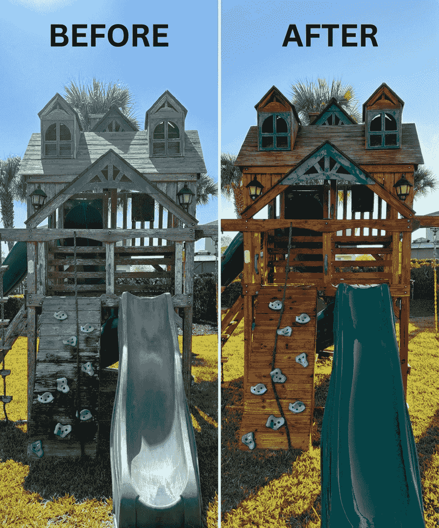 Don't replace it—restore it! Witness a stunning wooden playground transformation from dull and weathered to a vibrant, protected finish." Don't replace it—restore it! Witness a stunning wooden playground transformation from dull and weathered to a vibrant, protected finish."
