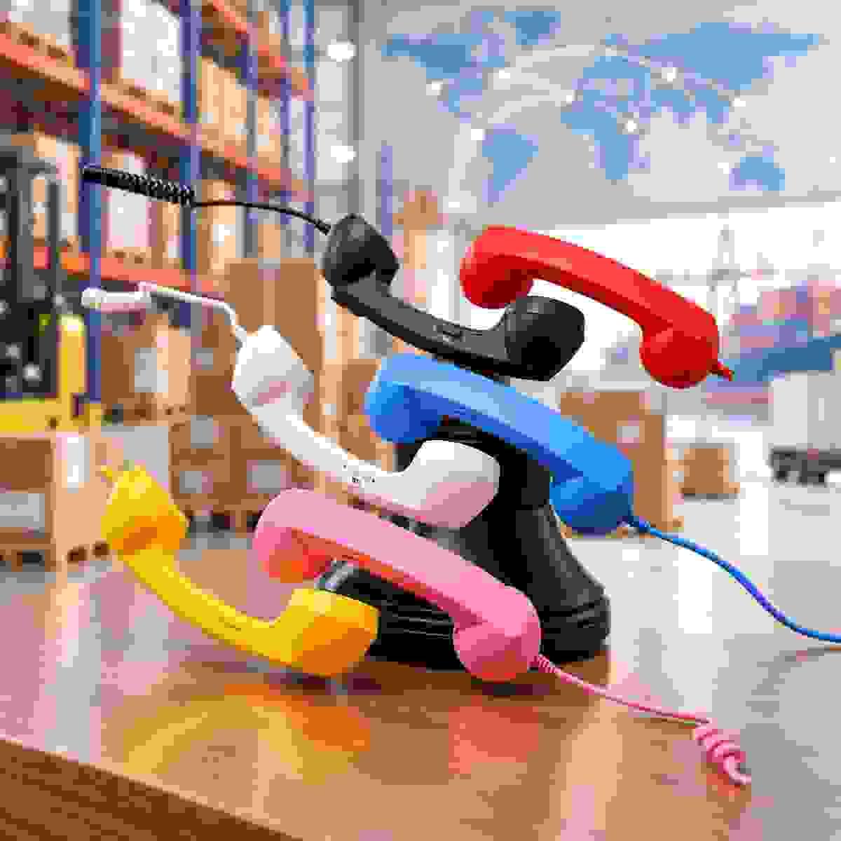 Colorful retro phone handsets displayed in a global warehouse and shipping environment for wholesale distribution and international B2B supply. Colorful retro phone handsets displayed in a global warehouse and shipping environment for wholesale distribution and international B2B supply.