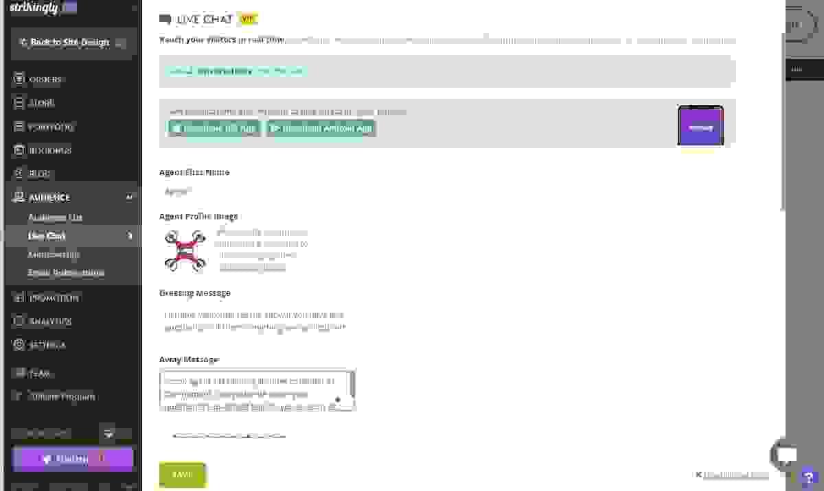 Strikingly Live Chat Setup Page
