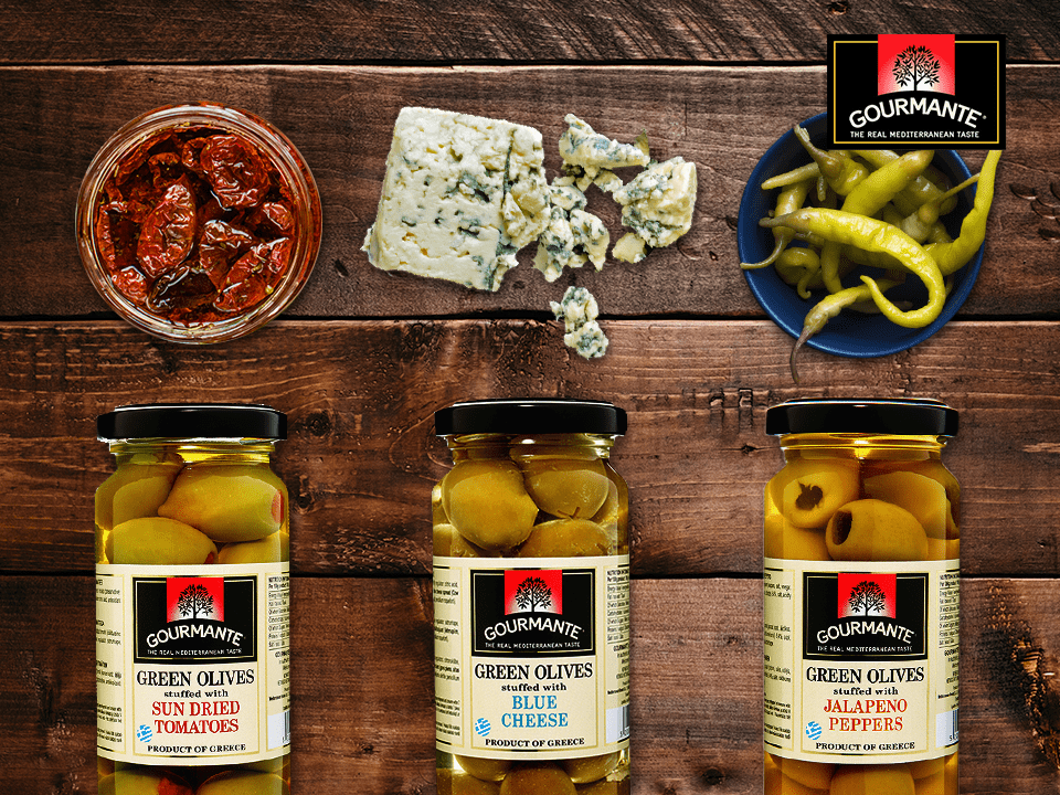 Gourmante Greek Olives stuffed with Sun Dried Tomatoes, Blue Cheese & Jalapeno Peppers Gourmante Greek Olives stuffed with Sun Dried Tomatoes, Blue Cheese & Jalapeno Peppers