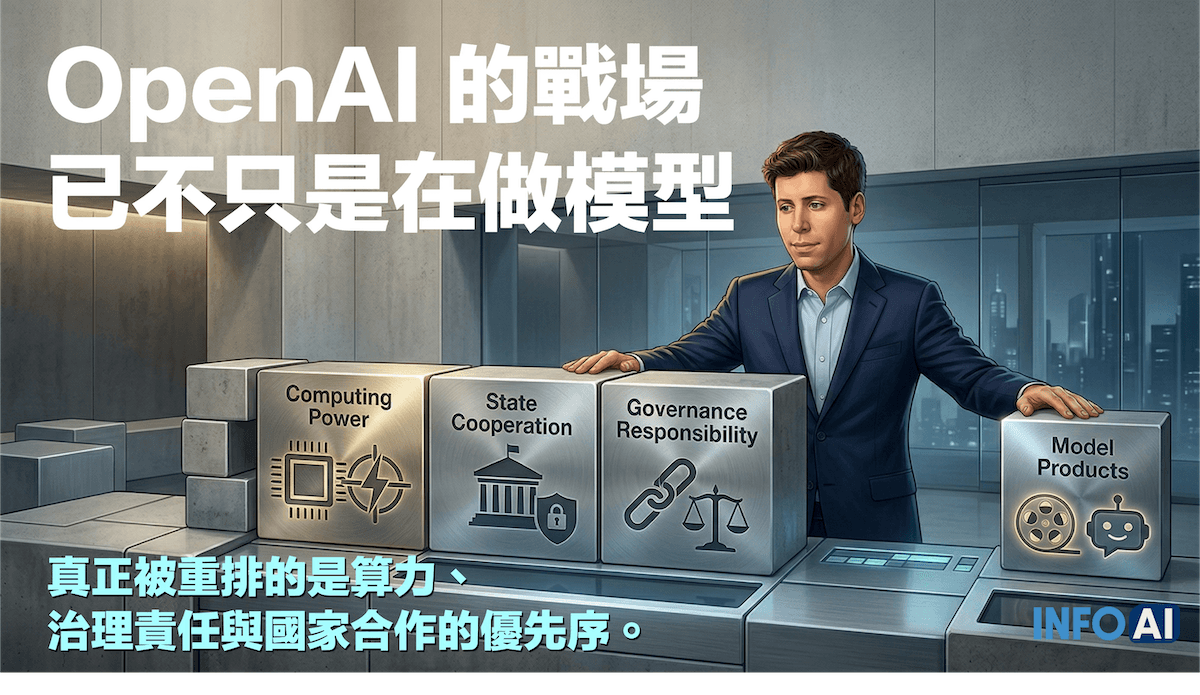 InfoAI | Sam Altman 專訪揭露 OpenAI 新排序:重點已不只在模型與產品,而是算力配置、國家合作與治理責任。 InfoAI | Sam Altman 專訪揭露 OpenAI 新排序:重點已不只在模型與產品,而是算力配置、國家合作與治理責任。
