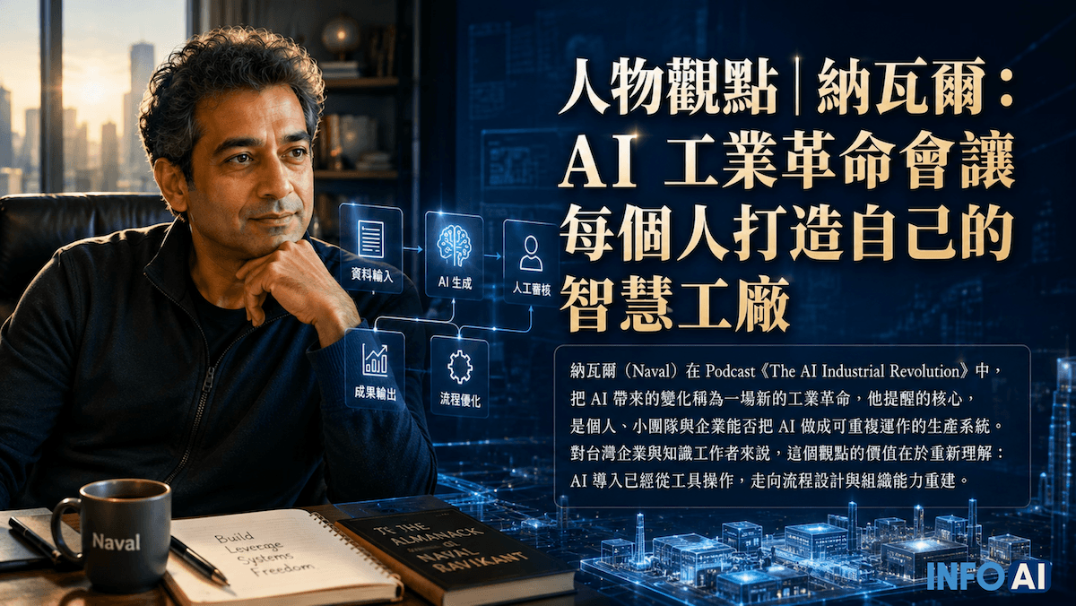 InfoAI | 納瓦爾在《The AI Industrial Revolution》中指出,AI 工業革命的核心是打造可重複運作的智慧工廠。 InfoAI | 納瓦爾在《The AI Industrial Revolution》中指出,AI 工業革命的核心是打造可重複運作的智慧工廠。