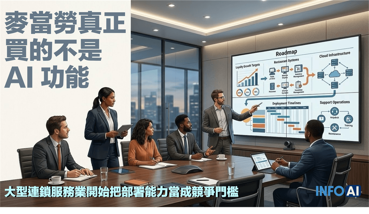 InfoAI | 麥當勞與 Capgemini 續約五年的真正訊號,不在新 AI 功能,而在大型連鎖服務業已把部署、維運與支援能力視為競爭門檻。這篇從全球門市 rollout 與會員成長脈絡切入,幫決策者看懂 AI 採購邏輯如何從功能比較轉向系統整線。 InfoAI | 麥當勞與 Capgemini 續約五年的真正訊號,不在新 AI 功能,而在大型連鎖服務業已把部署、維運與支援能力視為競爭門檻。這篇從全球門市 rollout 與會員成長脈絡切入,幫決策者看懂 AI 採購邏輯如何從功能比較轉向系統整線。