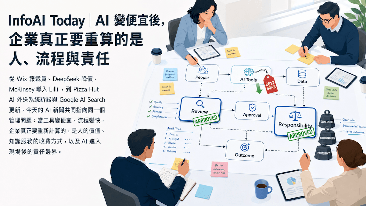 InfoAI |從 Wix 裁員、DeepSeek 降價、McKinsey 導入 Lilli,到 Pizza Hut AI 外送系統訴訟與 Google AI Search 更新。 InfoAI |從 Wix 裁員、DeepSeek 降價、McKinsey 導入 Lilli,到 Pizza Hut AI 外送系統訴訟與 Google AI Search 更新。