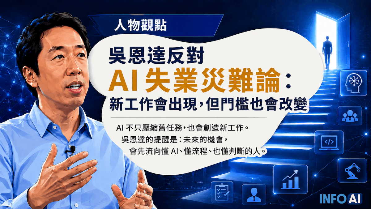 InfoAI | 吳恩達反對 AI 失業災難論,認為 AI 會改寫職位與技能門檻。 InfoAI | 吳恩達反對 AI 失業災難論,認為 AI 會改寫職位與技能門檻。