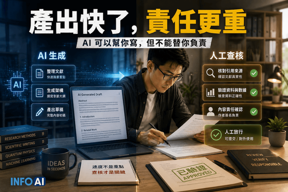 InfoAI | arXiv 將對明顯未查核 AI 生成論文祭出一年禁投稿處分,但真正值得注意的不是「禁止使用 AI」,而是 AI 時代的責任正在重新分配。 InfoAI | arXiv 將對明顯未查核 AI 生成論文祭出一年禁投稿處分,但真正值得注意的不是「禁止使用 AI」,而是 AI 時代的責任正在重新分配。