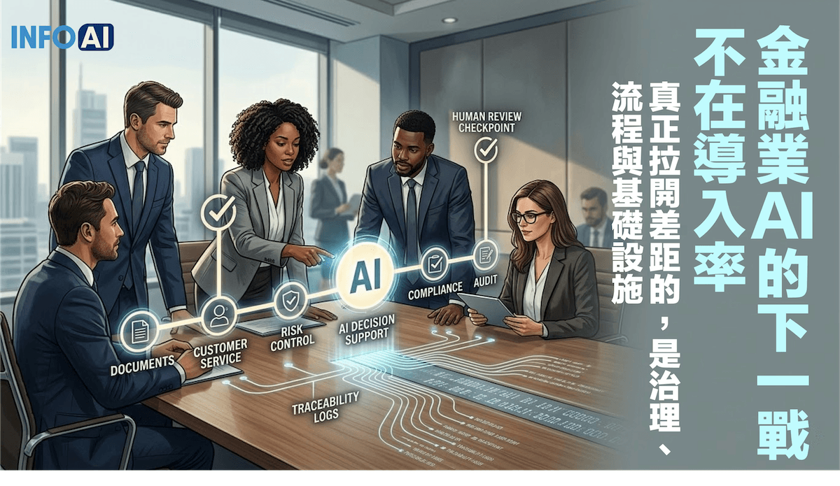 InfoAI | 金融業 AI 導入已跨過試驗期,真正差異不再是誰先上線,而是誰能把 AI 放進可稽核、可覆核、可追責的流程。 InfoAI | 金融業 AI 導入已跨過試驗期,真正差異不再是誰先上線,而是誰能把 AI 放進可稽核、可覆核、可追責的流程。