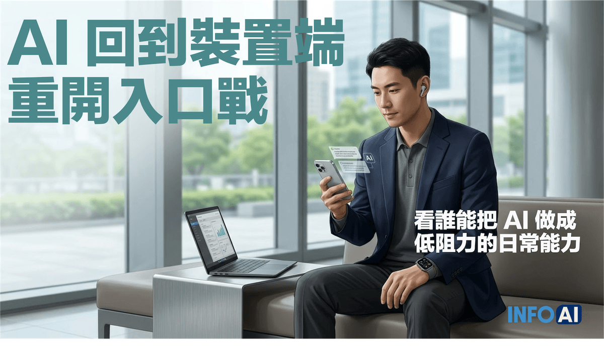 InfoAI | 裝置端 AI 正改寫競爭入口。這篇從手機、AI PC 與穿戴式裝置三條線索切入,分析為何下一輪差異化不只看模型能力,而是看 AI 能否以低延遲、低摩擦方式進入日常流程,並進一步影響企業採購、治理與產品判斷 InfoAI | 裝置端 AI 正改寫競爭入口。這篇從手機、AI PC 與穿戴式裝置三條線索切入,分析為何下一輪差異化不只看模型能力,而是看 AI 能否以低延遲、低摩擦方式進入日常流程,並進一步影響企業採購、治理與產品判斷