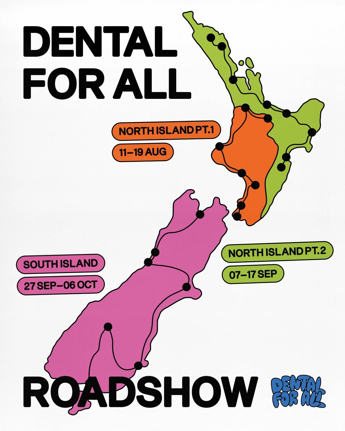 A graphic image of the North and South island with roadshow dates A graphic image of the North and South island with roadshow dates