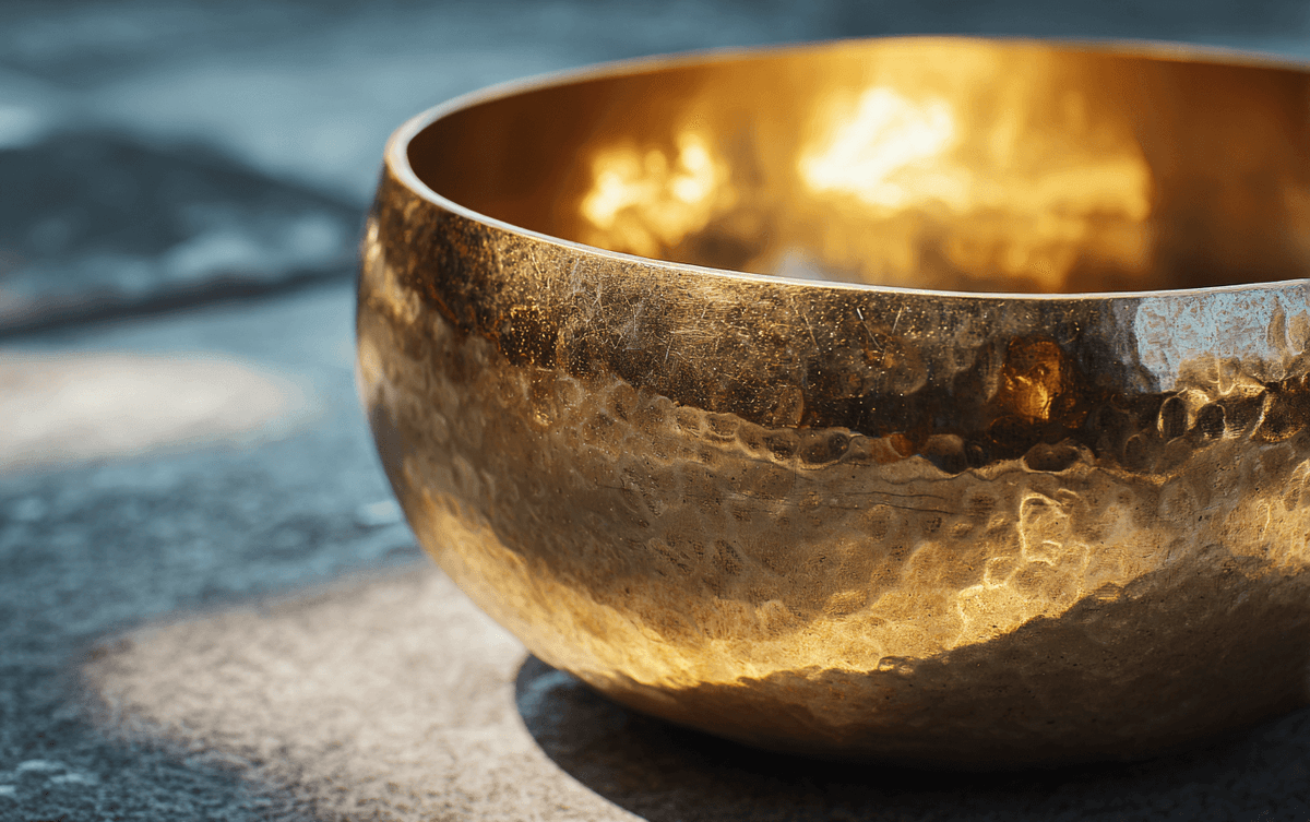 Golden sound bowl with reflective light for sound healing therapy Golden sound bowl with reflective light for sound healing therapy