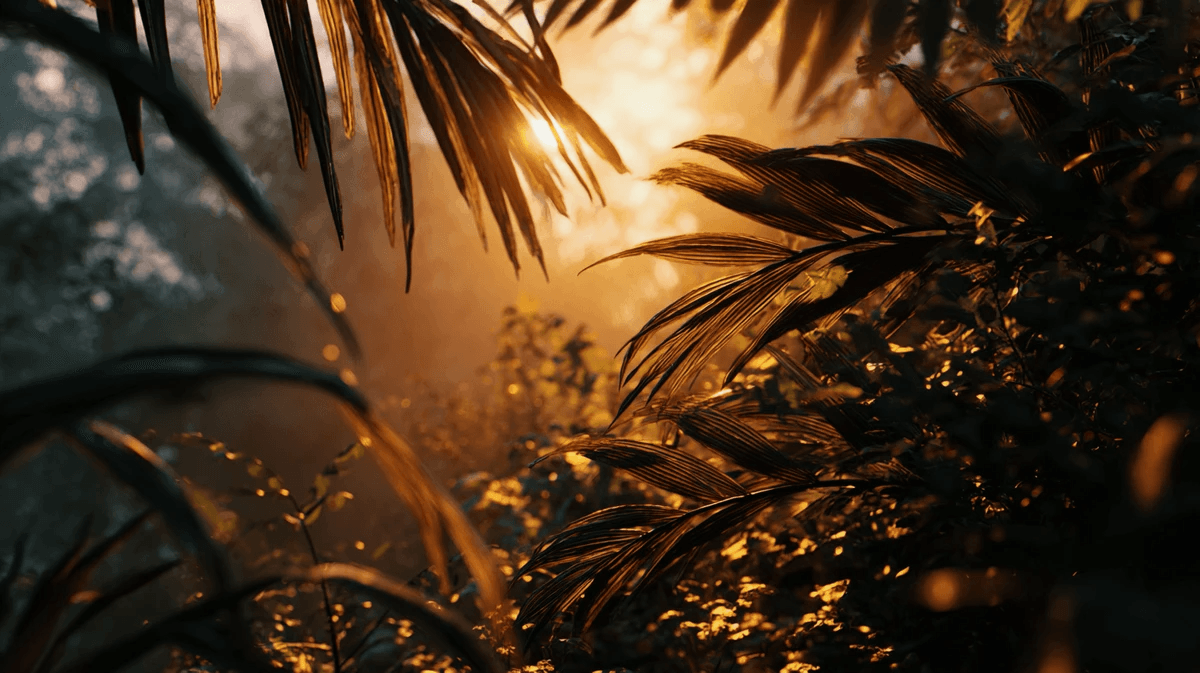 Sunlight breaking through tropical jungle leaves, representing environment-led nervous system regulation. Sunlight breaking through tropical jungle leaves, representing environment-led nervous system regulation.