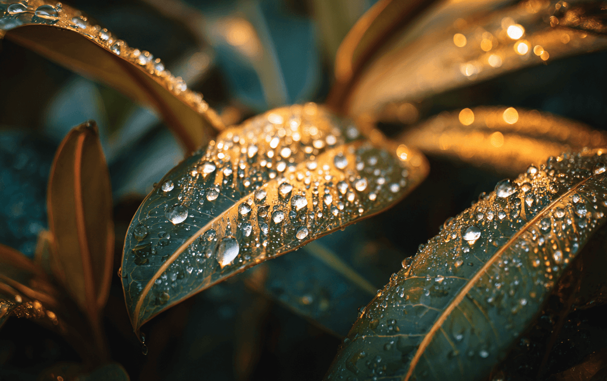 Tropical leaves with water droplets used in nature-based rituals Tropical leaves with water droplets used in nature-based rituals