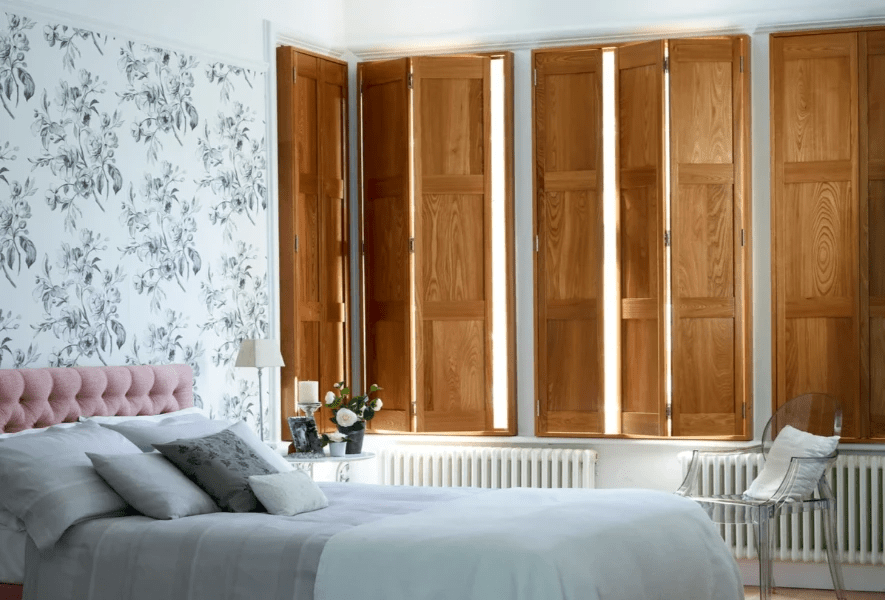 Full Height style real oak stain wood shutters for bedroom windows in Tunbridge Wells Full Height style real oak stain wood shutters for bedroom windows in Tunbridge Wells