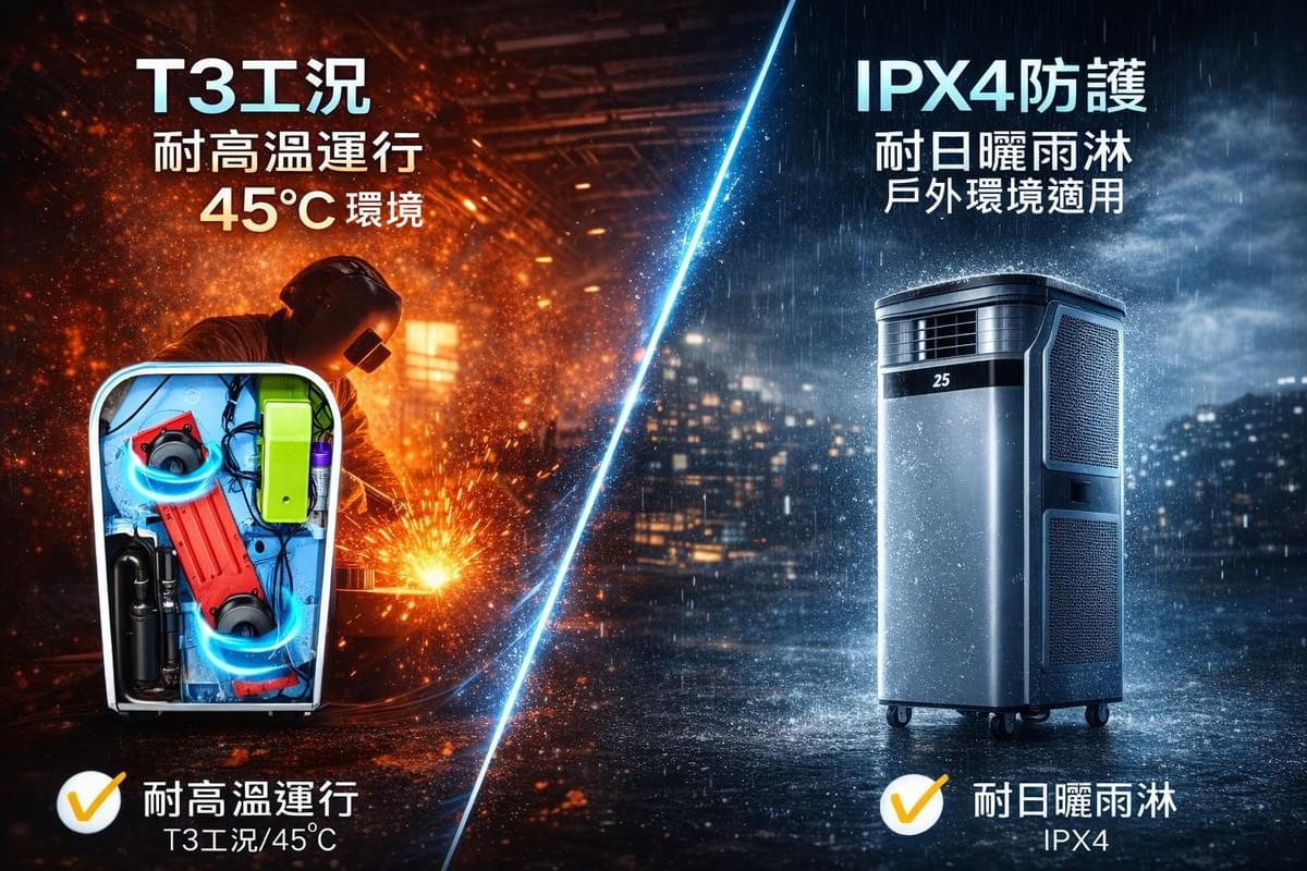 可在高溫氣候條件下45度正常運行,全機IPX4防潑淋防護,屬於工業型級的降溫冷卻移動空調。 可在高溫氣候條件下45度正常運行,全機IPX4防潑淋防護,屬於工業型級的降溫冷卻移動空調。