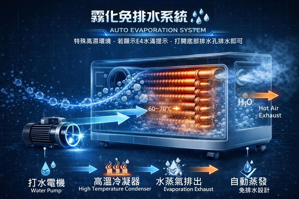 濕度95%RH內免排水系統,透過自蒸發電機循環冷凝蒸發,同步凍清潔兩器,同時完成蒸發與清潔。 濕度95%RH內免排水系統,透過自蒸發電機循環冷凝蒸發,同步凍清潔兩器,同時完成蒸發與清潔。