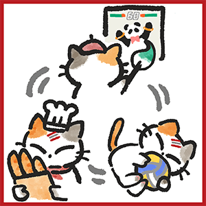 イラスト・ゲームイラスト制作会社ミリアッシュのフィロソフィーのひとつ、スタイル④「『やってみたい』をやる」の図解です。猫がイラストを描いたりバレーボールをしたり、パンを作っています。 イラスト・ゲームイラスト制作会社ミリアッシュのフィロソフィーのひとつ、スタイル④「『やってみたい』をやる」の図解です。猫がイラストを描いたりバレーボールをしたり、パンを作っています。