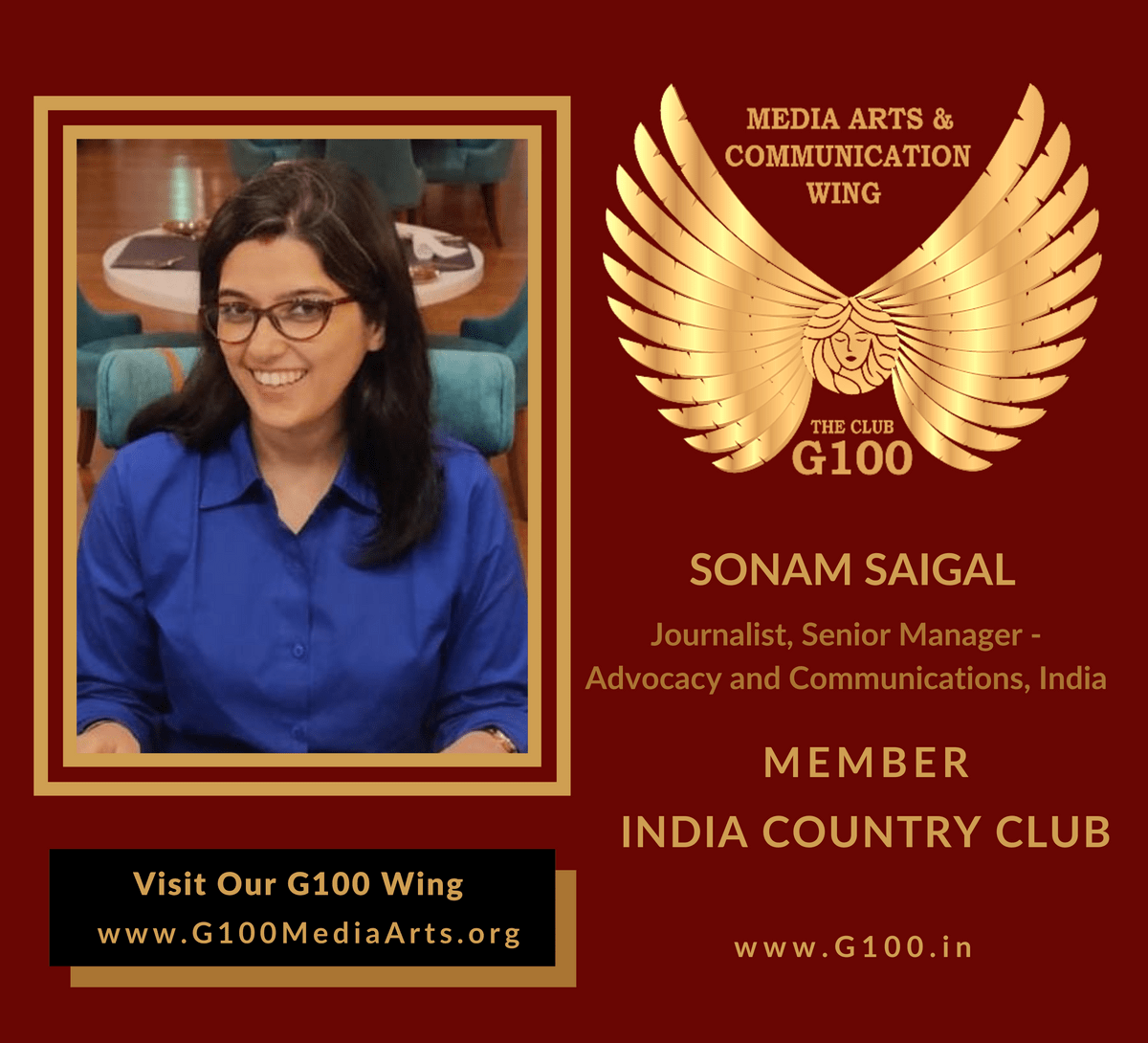 Sonam Saigal is a member of the India Country Club at G100 Media Arts & Communication Sonam Saigal is a member of the India Country Club at G100 Media Arts & Communication