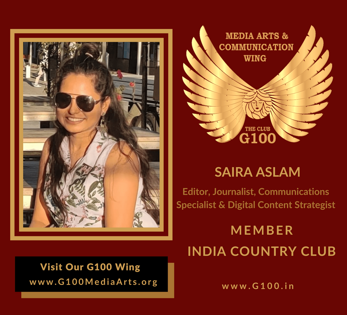 Saira Aslam is a member of the India Country Club at G100 Media Arts & Communication Saira Aslam is a member of the India Country Club at G100 Media Arts & Communication