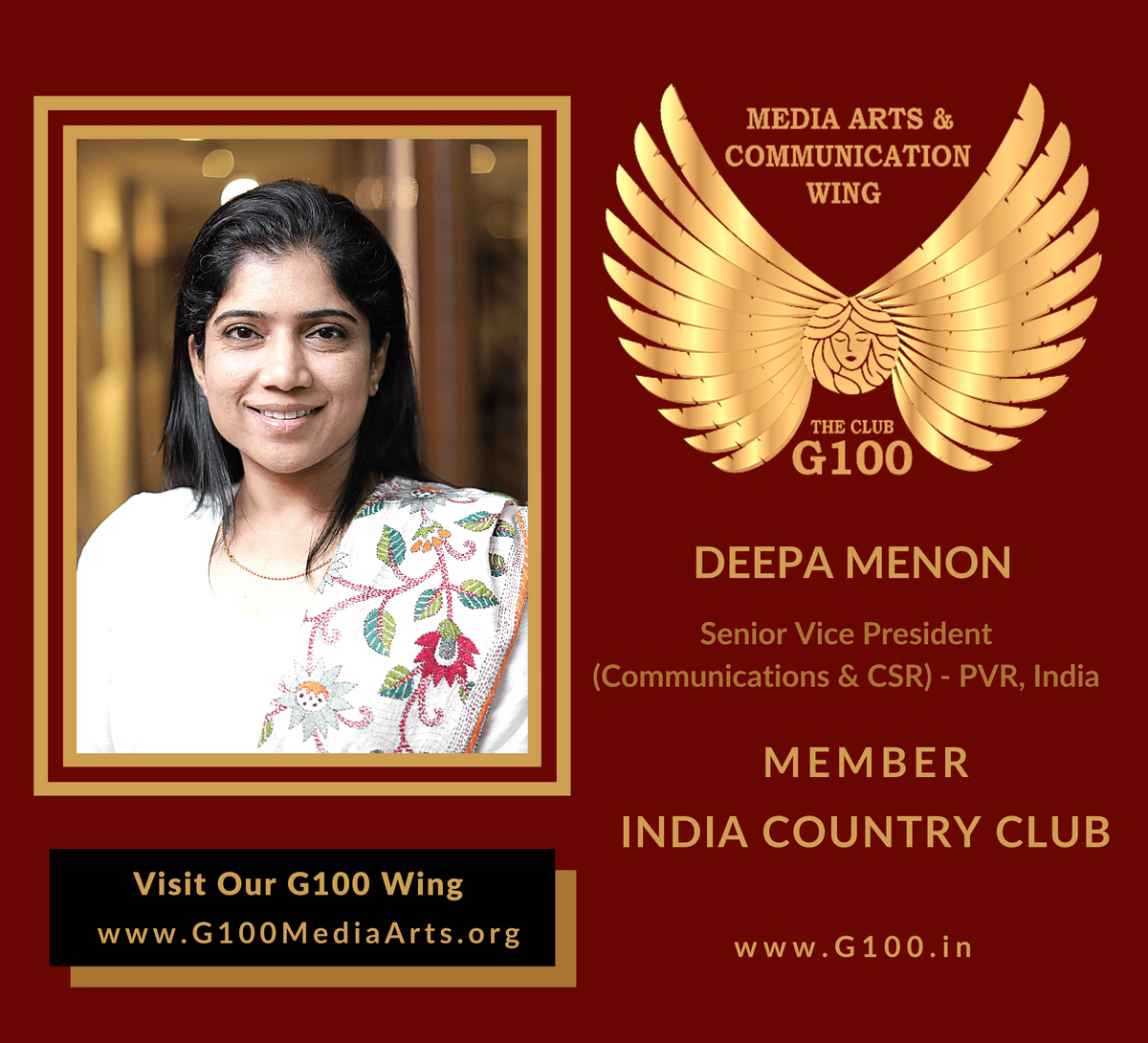 Deepa Menon is a member of the India Country Club at G100 Media Arts & Communication Deepa Menon is a member of the India Country Club at G100 Media Arts & Communication